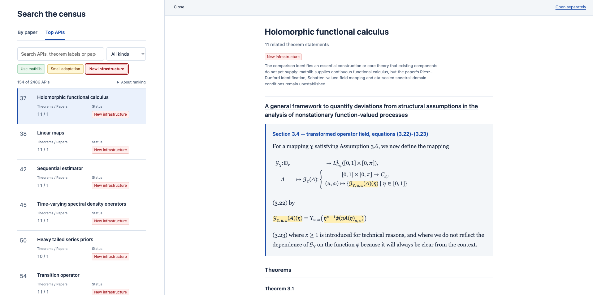 Top APIs view with the holomorphic functional calculus audit and highlighted source statement.
